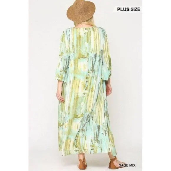 Sage Green Mix Print Tie Dye Multi Color Printed Maxi Dress With Lace Up - Picture 5 of 6